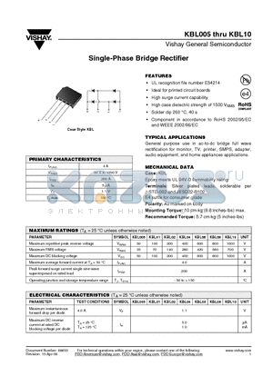 KBL08 datasheet - Single-Phase Bridge Rectifier