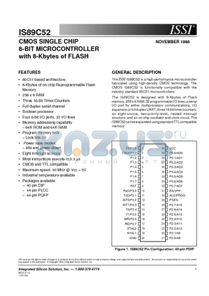 IS89C52-12WI datasheet - CMOS SINGLE CHIP 8-BIT MICROCONTROLLER with 8-Kbytes of FLASH