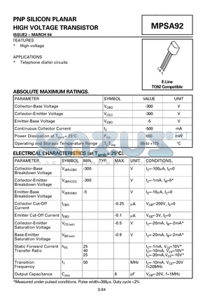 MPSA92 datasheet - PNP SILICON PLANAR HIGH VOLTAGE TRANSISTOR