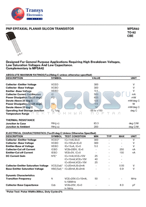 MPSA92 datasheet - PNP EPITAXIAL PLANAR SILICON TRANSISTOR