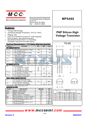 MPSA92-BP datasheet - PNP Silicon High Voltage Transistor