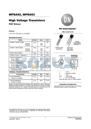 MPSA92RLRAG datasheet - High Voltage Transistors