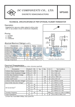 MPSA93 datasheet - TECHNICAL SPECIFICATIONS OF PNP EPITAXIAL PLANAR TRANSISTOR