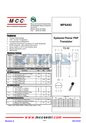 MPSA93 datasheet - Epitaxial Planar PNP Transistor