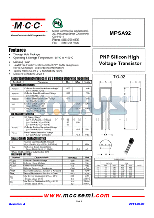 MPSA92_11 datasheet - PNP Silicon High Voltage Transistor