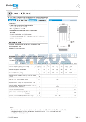 KBL400 datasheet - IN-LINE MINIATURE SINGLE PHASE SILICON BRIDGE RECTIFIER