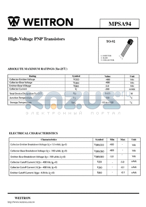 MPSA94 datasheet - High-Voltage PNP Transistors