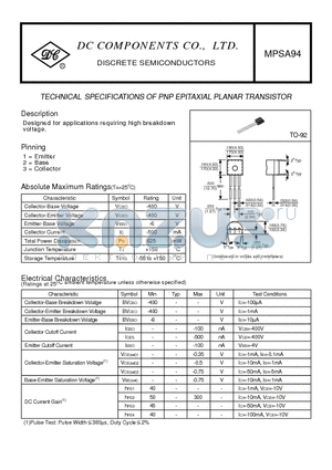 MPSA94 datasheet - TECHNICAL SPECIFICATIONS OF PNP EPITAXIAL PLANAR TRANSISTOR