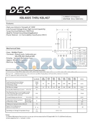 KBL4005 datasheet - CURRENT 4.0 Amperes VOLTAGE 50 to 1000 Volts