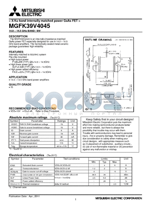 MGFK39V4045 datasheet - 14.0-14.5 GHz BAND / 8W