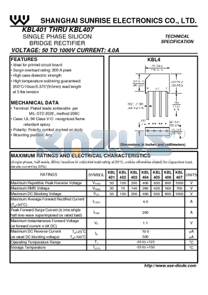 KBL401 datasheet - SINGLE PHASE SILICON BRIDGE RECTIFIER