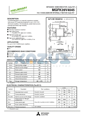 MGFK39V4045 datasheet - 14.0-14.5GHz BAND 8W INTERNALLY MATCHD GaAs FET