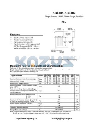 KBL401 datasheet - Single Phase 4.0AMP. Silicon Bridge Rectifiers