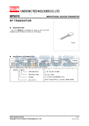 MPSH10G-X-T92-B datasheet - RF TRANSISTOR