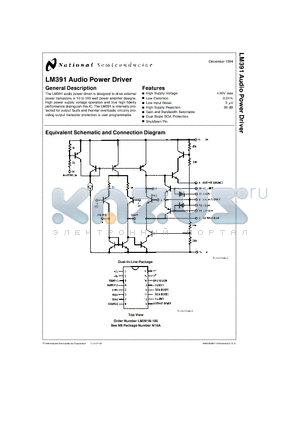 LM391 datasheet - LM391 Audio Power Driver