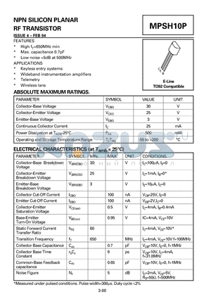 MPSH10P datasheet - NPN SILICON PLANAR RF TRANSISTOR