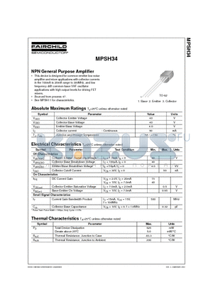 MPSH34 datasheet - NPN General Purpose Amplifier