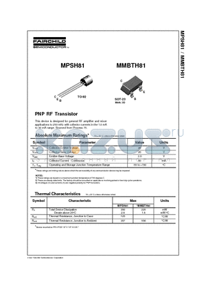 MPSH81 datasheet - PNP RF Transistor