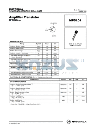 MPSL01 datasheet - Amplifier Transistor