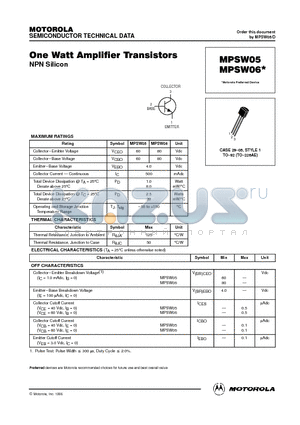 MPSW05 datasheet - One Watt Amplifier Transistors