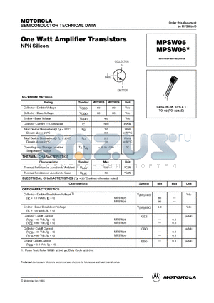 MPSW06 datasheet - One Watt Amplifier Transistors