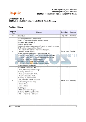 HY27SS16121A datasheet - 512Mbit (64Mx8bit / 32Mx16bit) NAND Flash