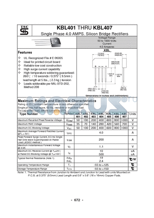 KBL405 datasheet - Single Phase 4.0 AMPS. Silicon Bridge Rectifiers