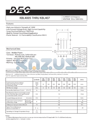 KBL405 datasheet - CURRENT 4.0 Amperes VOLTAGE 50 to 1000 Volts