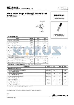 MPSW42 datasheet - One Watt High Voltage Transistor(NPN Silicon)