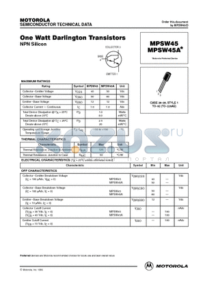 MPSW45A datasheet - One Watt Darlington Transistors