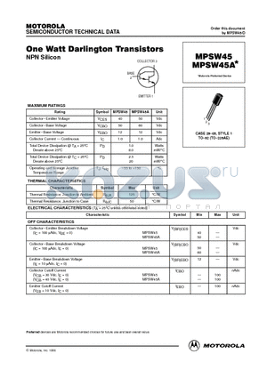 MPSW45A datasheet - One Watt Darlington Transistors(NPN Silicon)