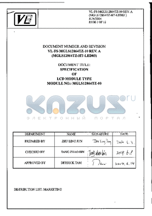 MGLS12864TZ-10 datasheet - SPECIFICATION OF LCD MODULE TYPE