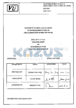 MGLS12864T-65 datasheet - SPECIFICATION OF LCD MODULE TYPE