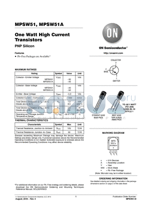 MPSW51A datasheet - One Watt High Current Transistors