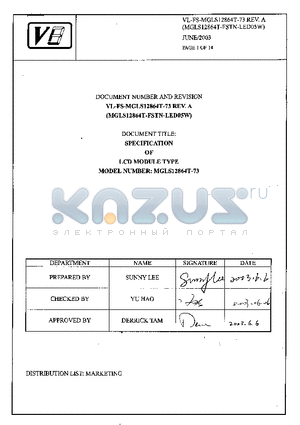 MGLS12864T-73 datasheet - SPECIFICATION OF LCD MODULE TYPE