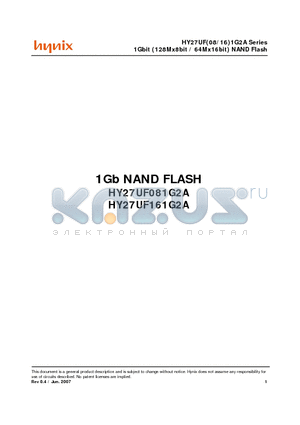 HY27UF161G2A datasheet - 1Gbit (128Mx8bit / 64Mx16bit) NAND Flash