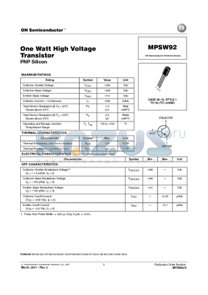 MPSW92 datasheet - One Watt High Voltage Transistor(PNP Silicon)