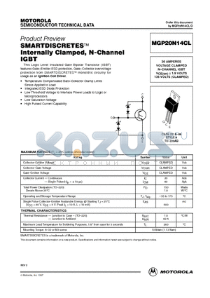 MGP20N14CL datasheet - SMARTDISCRETES Internally Clamped, N-Channel IGBT