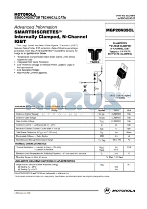 MGP20N35CL datasheet - SMARTDISCRETES Internally Clamped, N-Channel IGBT