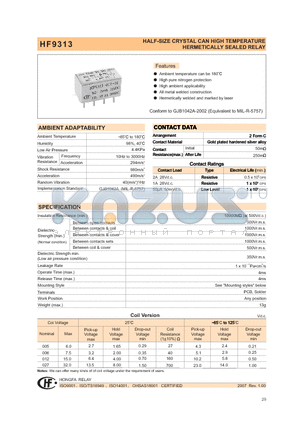 HF9313-00501 datasheet - HALF-SIZE CRYSYAL CAN HIGH TEMPERATURE HERMETICALLY SEALED RELAY