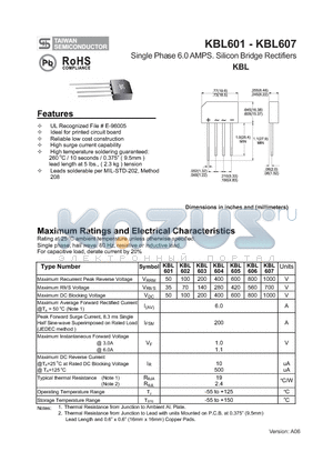KBL601_1 datasheet - Single Phase 6.0 AMPS. Silicon Bridge Rectifiers