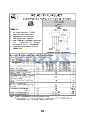 KBL602 datasheet - Single Phase 6.0 AMPS. Silicon Bridge Rectifiers