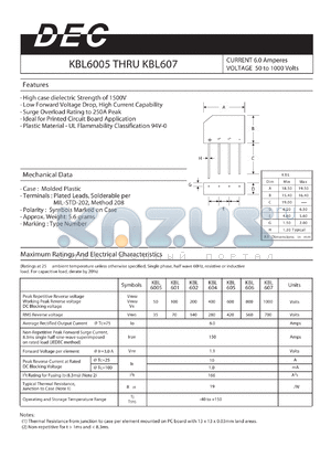 KBL602 datasheet - CURRENT 6.0 Amperes VOLTAGE 50 to 1000 Volts