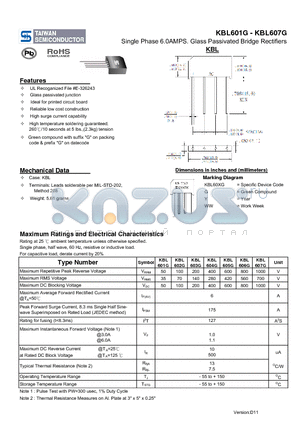 KBL603G datasheet - Single Phase 6.0AMPS. Glass Passivated Bridge Rectifiers