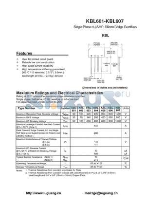 KBL605 datasheet - Single Phase 6.0AMP. Silicon Bridge Rectifiers