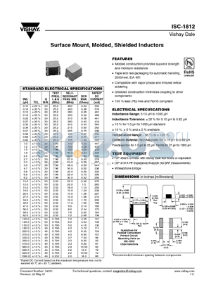 ISC1812ER100K datasheet - Surface Mount, Molded, Shielded Inductors