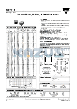 ISC1812 datasheet - Surface Mount, Molded, Shielded Inductors