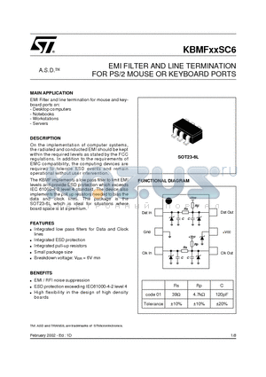 KBMF01SC6 datasheet - EMI FILTER AND LINE TERMINATION FOR PS/2 MOUSE OR KEYBOARD PORTS