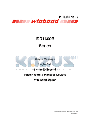 ISD1600B datasheet - Single-Message Single-Chip 6.6- to 40-Second Voice Record & Playback Devices with vAlert Option