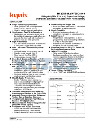 HY29DS162BT-12I datasheet - 16 Megabit (2M x 8/1M x 16) Super-Low Voltage, Dual Bank, Simultaneous Read/Write, Flash Memory